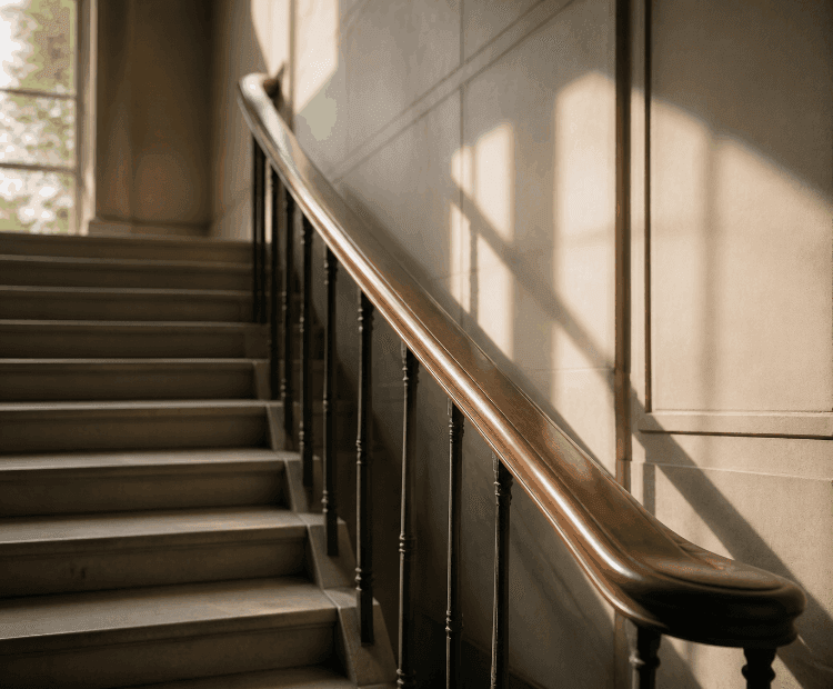 Escalera con pasamanos de madera y luz cálida: medidas de apoyo para proteger el patrimonio de un padre mayor