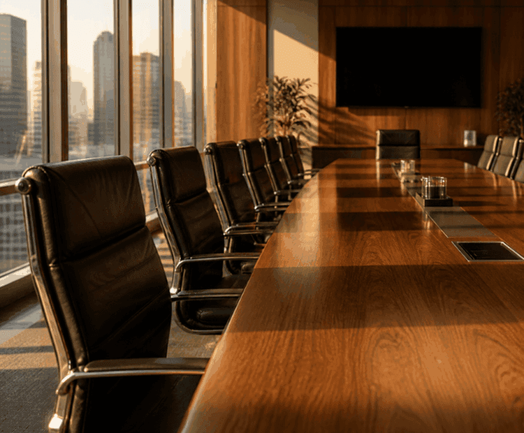 Sala de consejo vacía con una mesa larga de madera y sillas de cuero a la luz de la tarde: retribución de los administradores en el Impuesto sobre Sociedades